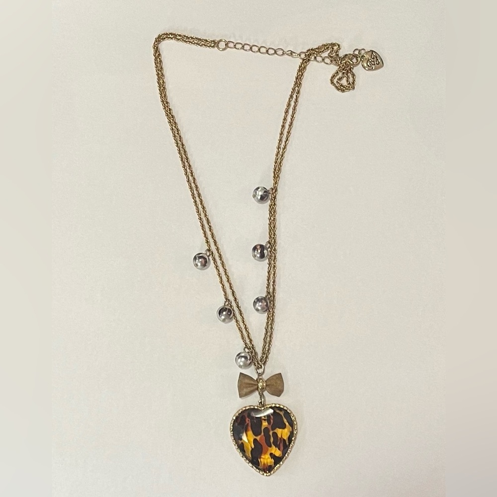 Betsey Johnson Leopard Heart Pearl and Ribbon Necklace